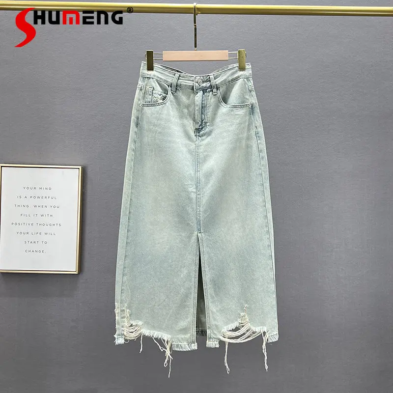 

Straight Ripped Denim Skirt for Women 2023 New Spring Summer High Waist Loose Slim Ins Split Mid-Length Skirt Faldas Mujer