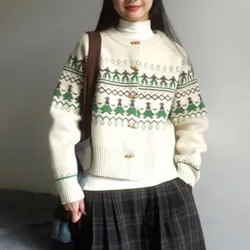 Koreański Vintage Fashion Boże Narodzenie Nowy Rok Żakardowy Dzianinowy Kardigan Topy Damskie Jesień Zima O Szyja Kawaii Sweter Kurtka Płaszcz