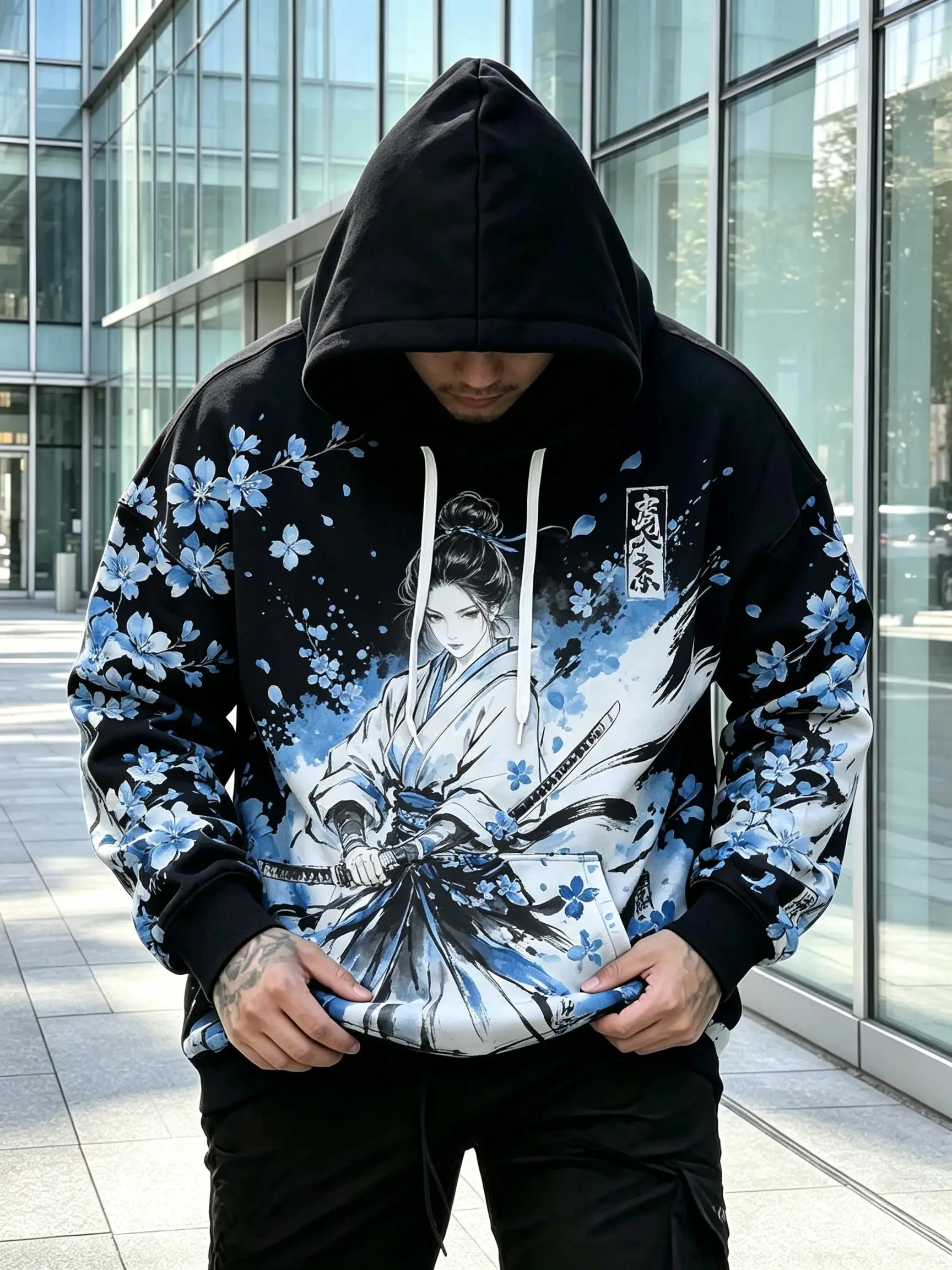 Men's Hoodie Black Red White Cherry Blossom Samurai Print Breathable Stylish Pullover Sweatshirt for Streetwear Party Daily Wear