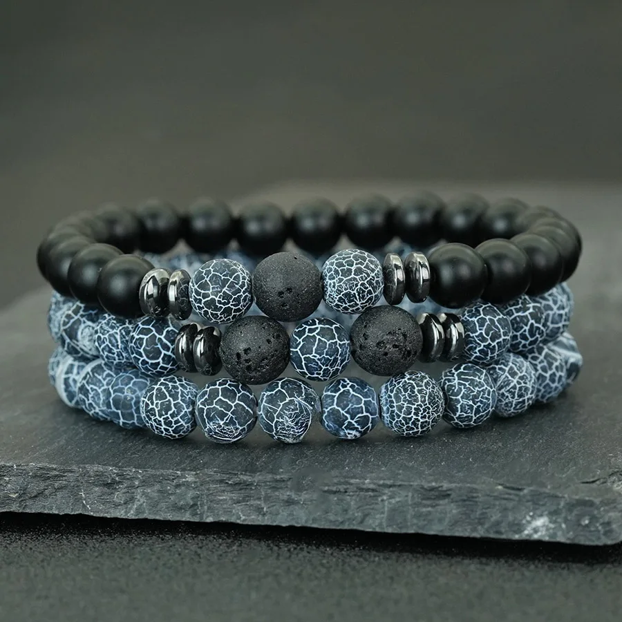 3er-Set Herren-Armbänder aus natürlichem Tigerauge und Lavastein, matt-schwarzes Onyx-Stein-Strang-Armband für Männer, Stressabbau, Yoga