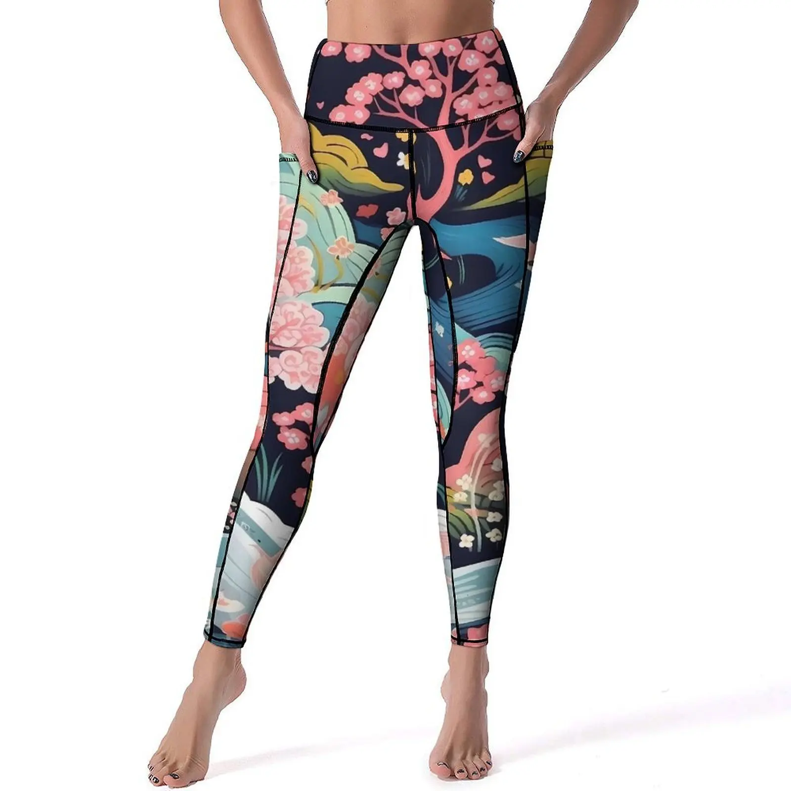 Japanese Art Inspired Design Yoga Pants Pockets Leggings Sexy Push Up Vintage Yoga Sports Tights Stretchy Running Leggins