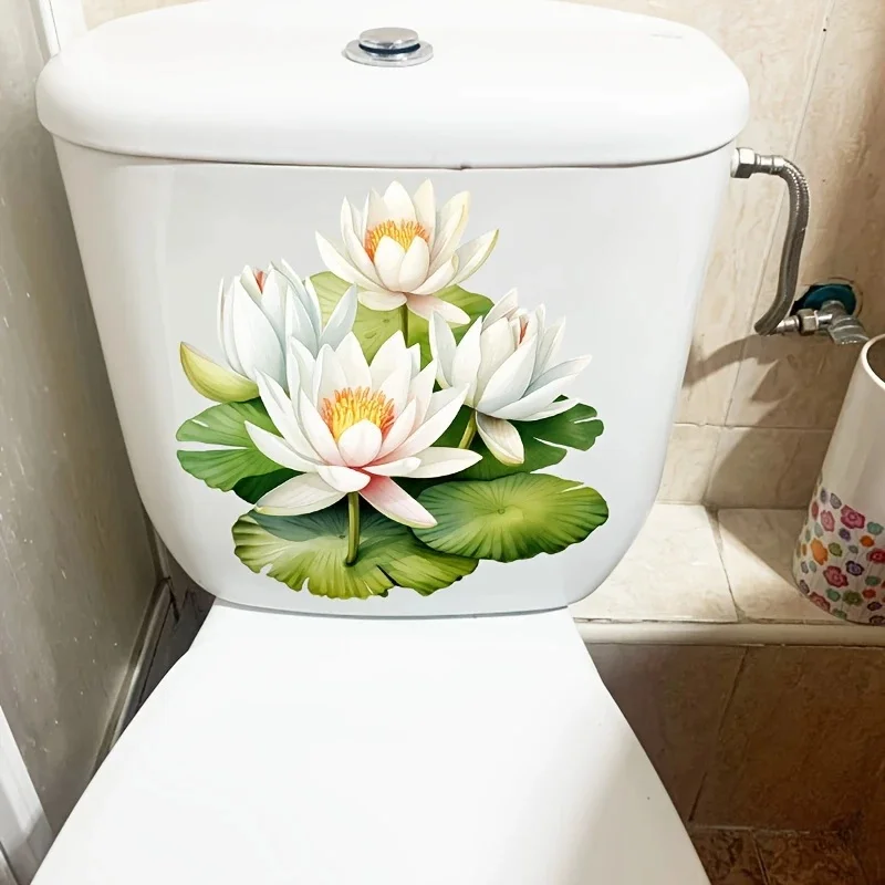 MT1453# Lotus Flower Decal, White Water Lily Classic Style Toilet Lid Cover Sticker, Bathroom Washroom Wall Decor