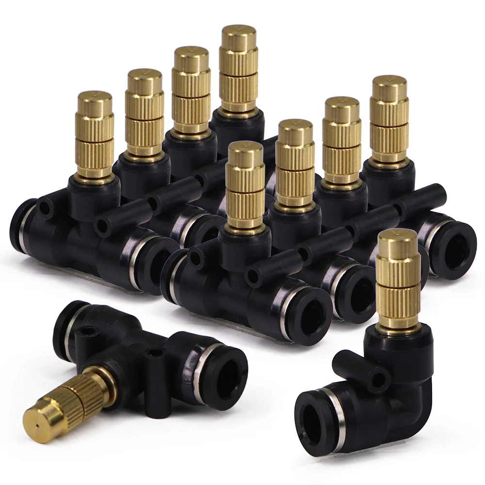 8mm Fine Atomization Misting Nozzle w/ Tee Joint 0.2-0.8mm Adjustable Sprayer for Outdoor Garden Patio Watering Cooling Fitting