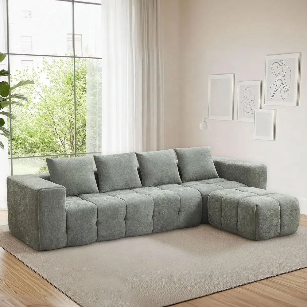 

Large Cloud-Inspired Sectional Sofa with Deep Seating and Removable Ottoman, L-Shaped, Memory Foam, Green, Ready to Use