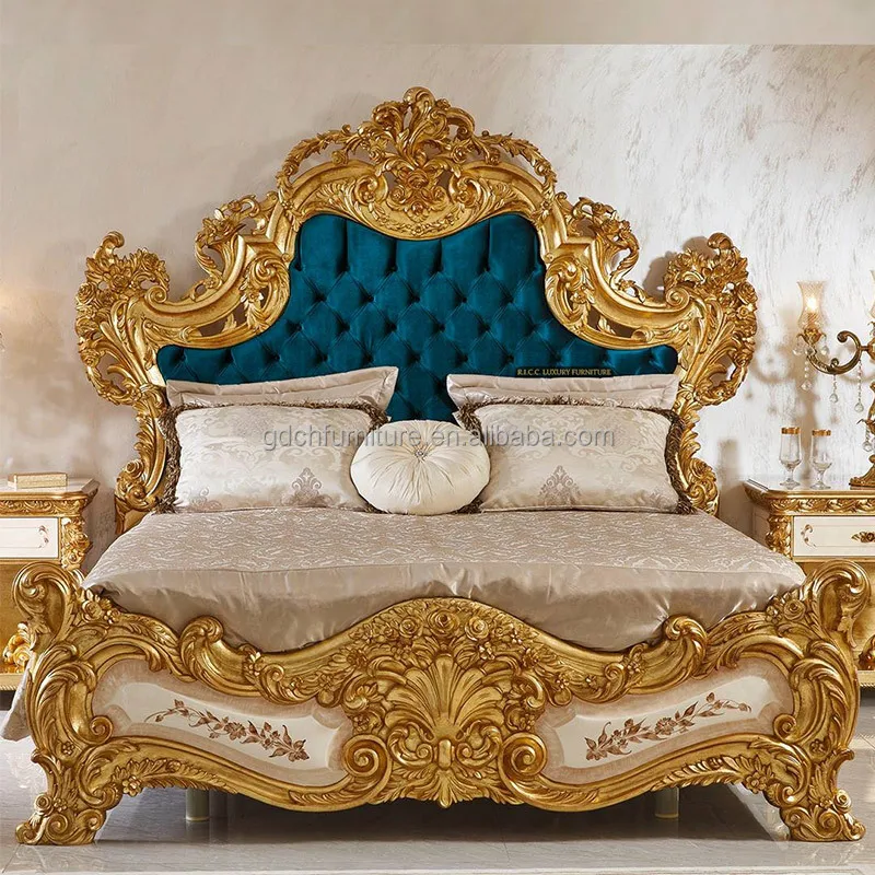 Luxury European Home Furniture Solid Wood Carved King Size Bed Royal Silvery Bedroom Style-Inspired by Palace