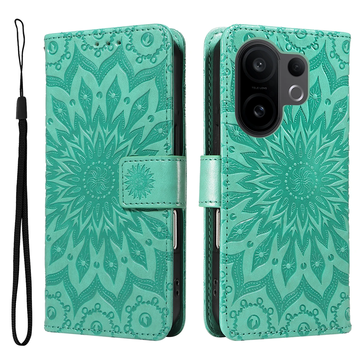 

For vivo X200 FE 5G / vivo S30 Pro mini 5G Leather Wallet Case Sunflower Imprinted Phone Cover - Green