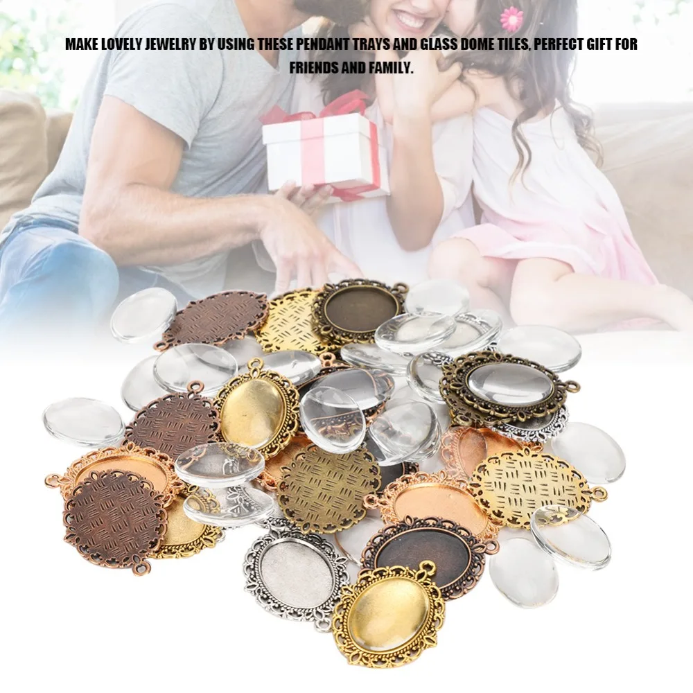 

60Pcs Metal + Glass Pendant Trays 3.5 X 3cm Multiple Colors Cabochon Settings Jewelry Making Bases Handmade Accessories