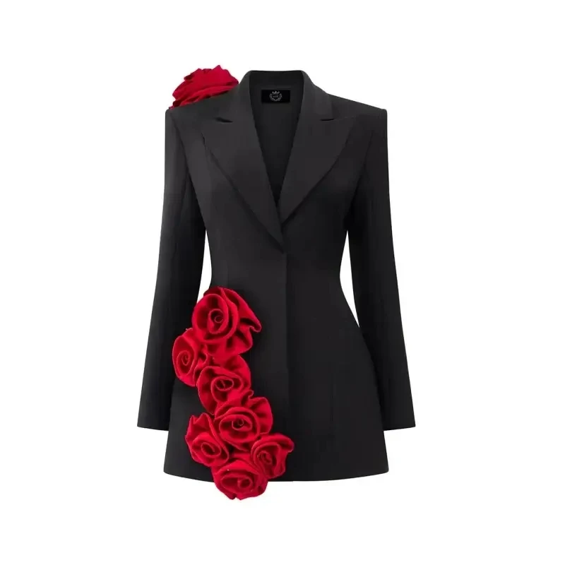 

Black Women Party Dresses V Neck Handmade Rose Flowers Long Sleeves Birthday Party Gowns Custom Made Formal Gowns