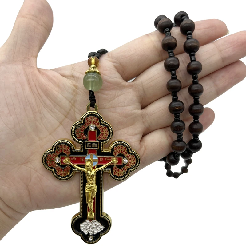 HTISOK Orthodox Crucifix Gold Cross Necklace Wooden Rosary Beaded Chain Religious Jesus Prayer Jewelry