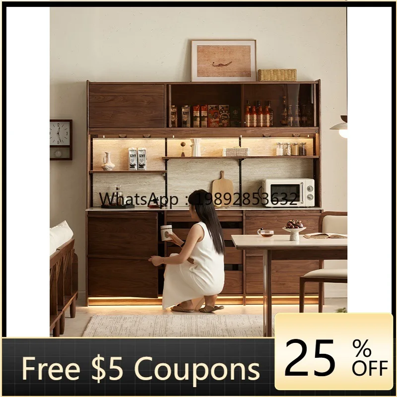 LYY North American Black Walnut Sideboard Wall-Mounted Integrated Storage Vintage Style Marble Sideboard with Ambient Light