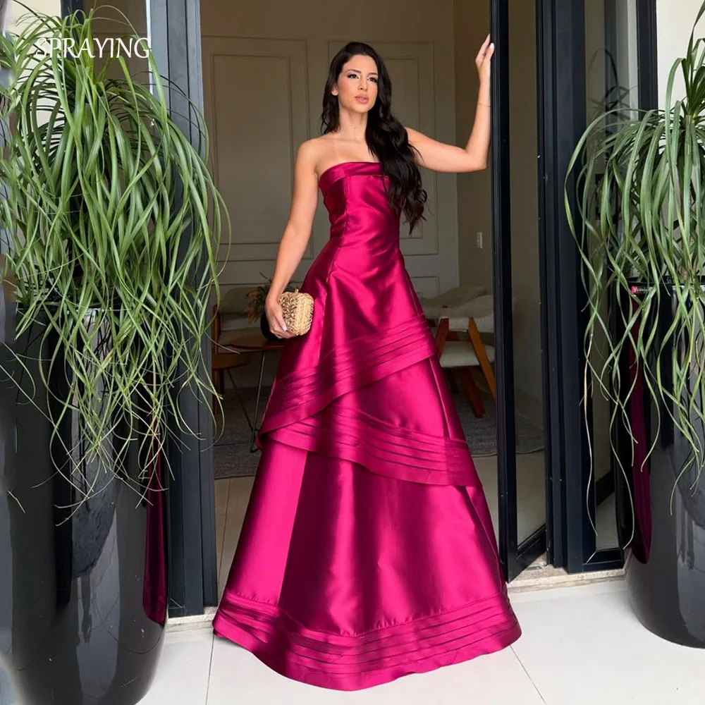 

SPRAYING Elegant Satin Evening Dresses Strapless A line Floor Length Tiered Party Dress Dubai Formal Occasional Dress Customized