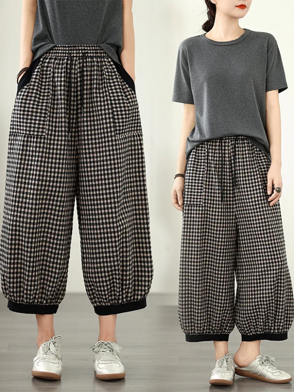 Retro algodão linho xadrez lanterna calças femininas verão fino cintura alta drape casual solto emagrecimento linho calças de sete pés