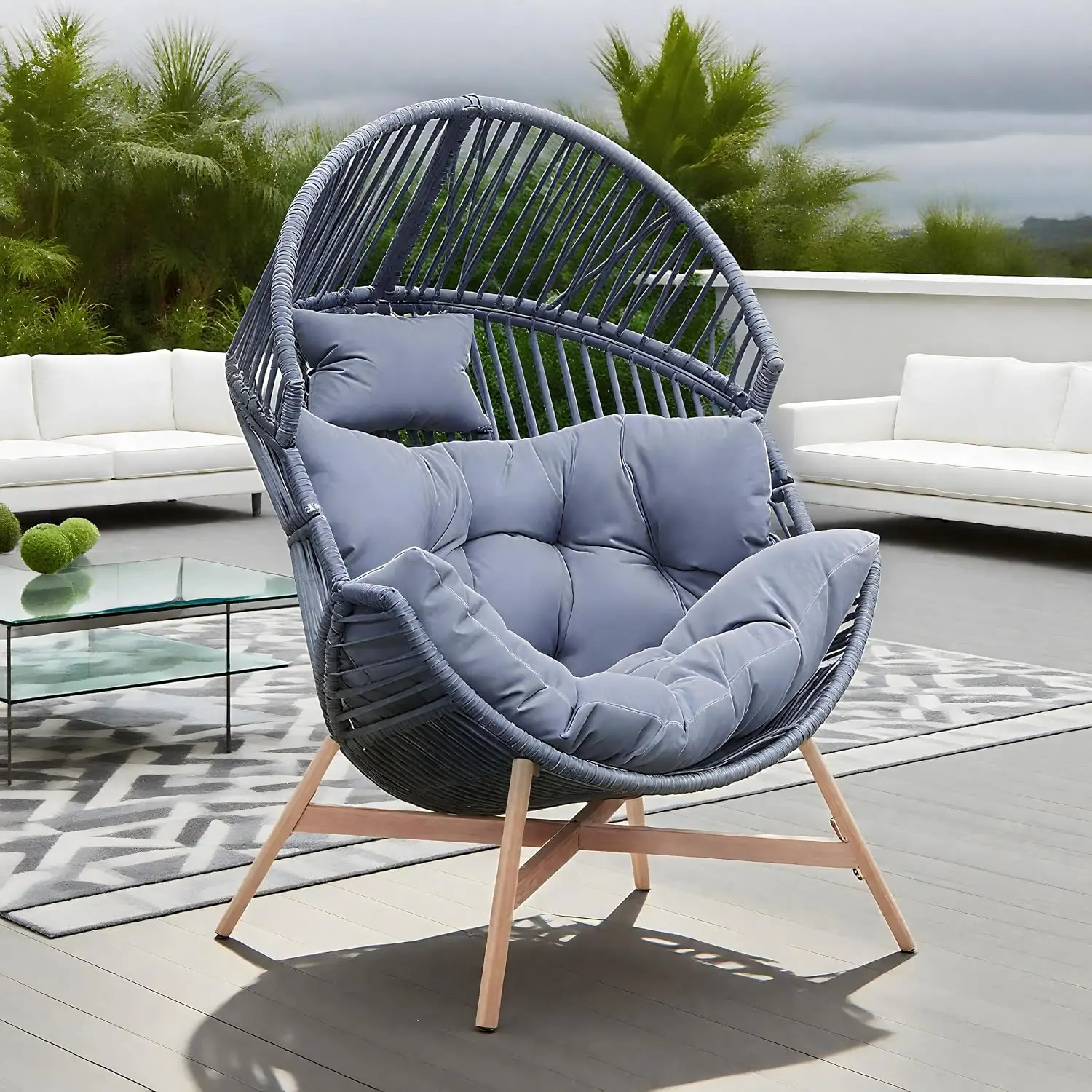Outdoor Wicker Egg Chair with Thick Cushion, Heavy Duty Patio Lounge Chair