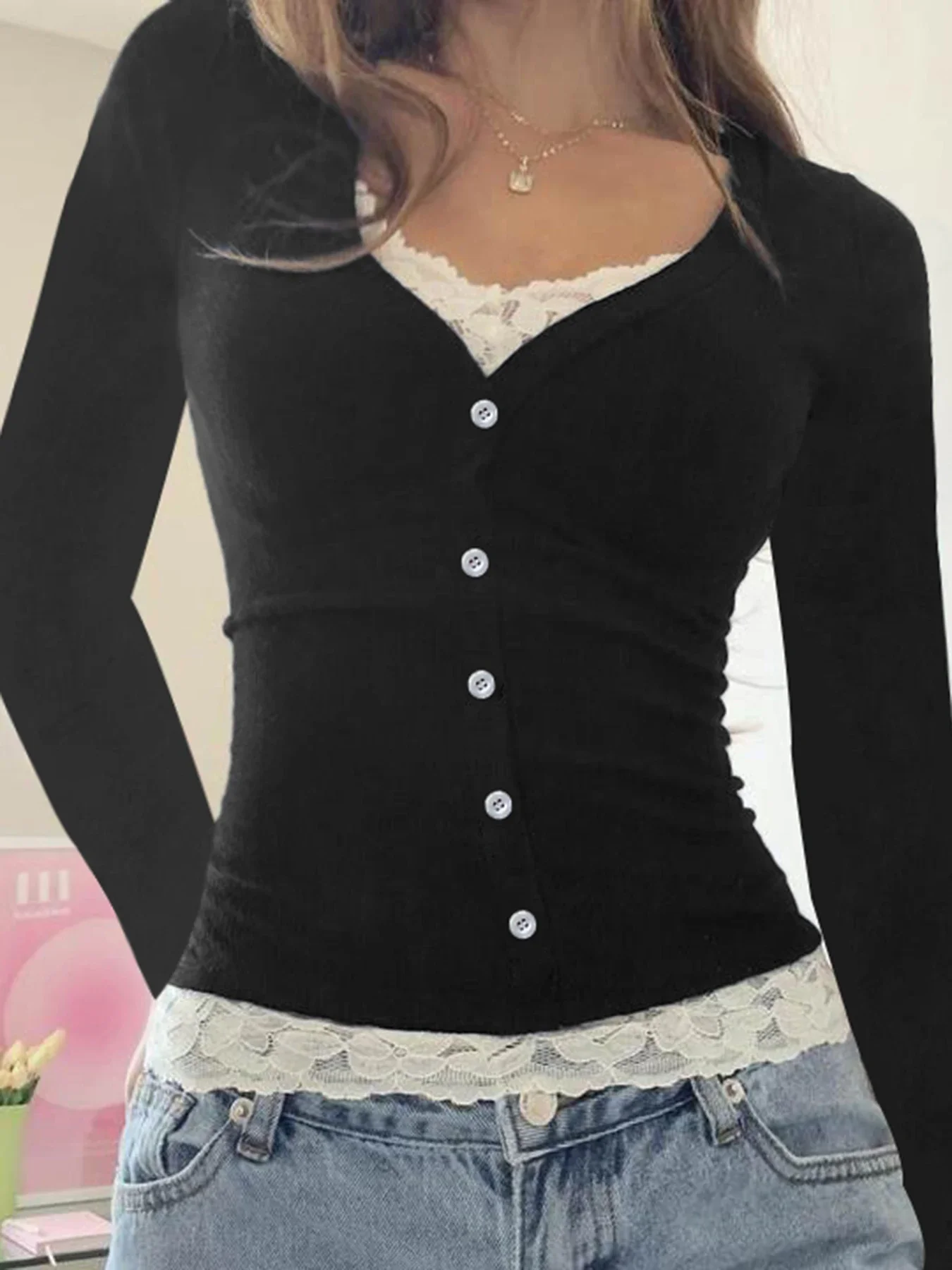 

FDEY Цветной контрастный кружевной лоскутный топ из двух предметов на пуговицах, тонкая повседневная уличная одежда, базовый облегающий костюм 90-х годов