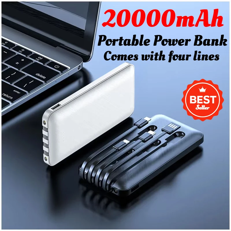 Ultra-thin Fast Charging 20000mAh Power Bank Mobile Power Supply with Four Wires for Apple Xiaomi Huawei OPPO Charging