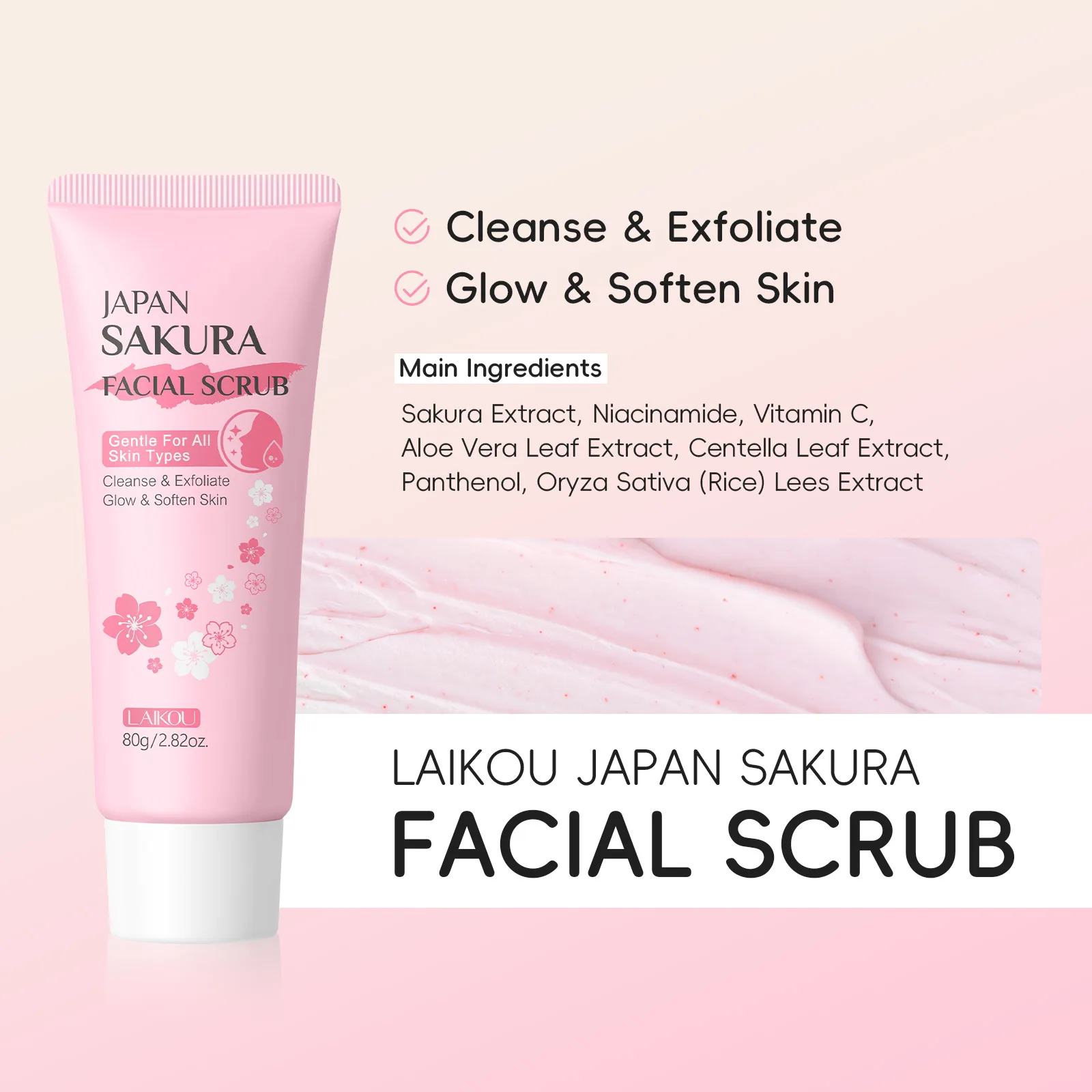 

LAIKOU Japanese Sakura Exfoliating Scrub, Gentle Face Scrub for Blackhead Removal, Hydrating Pore Cleanser 80g Pore Minimizer