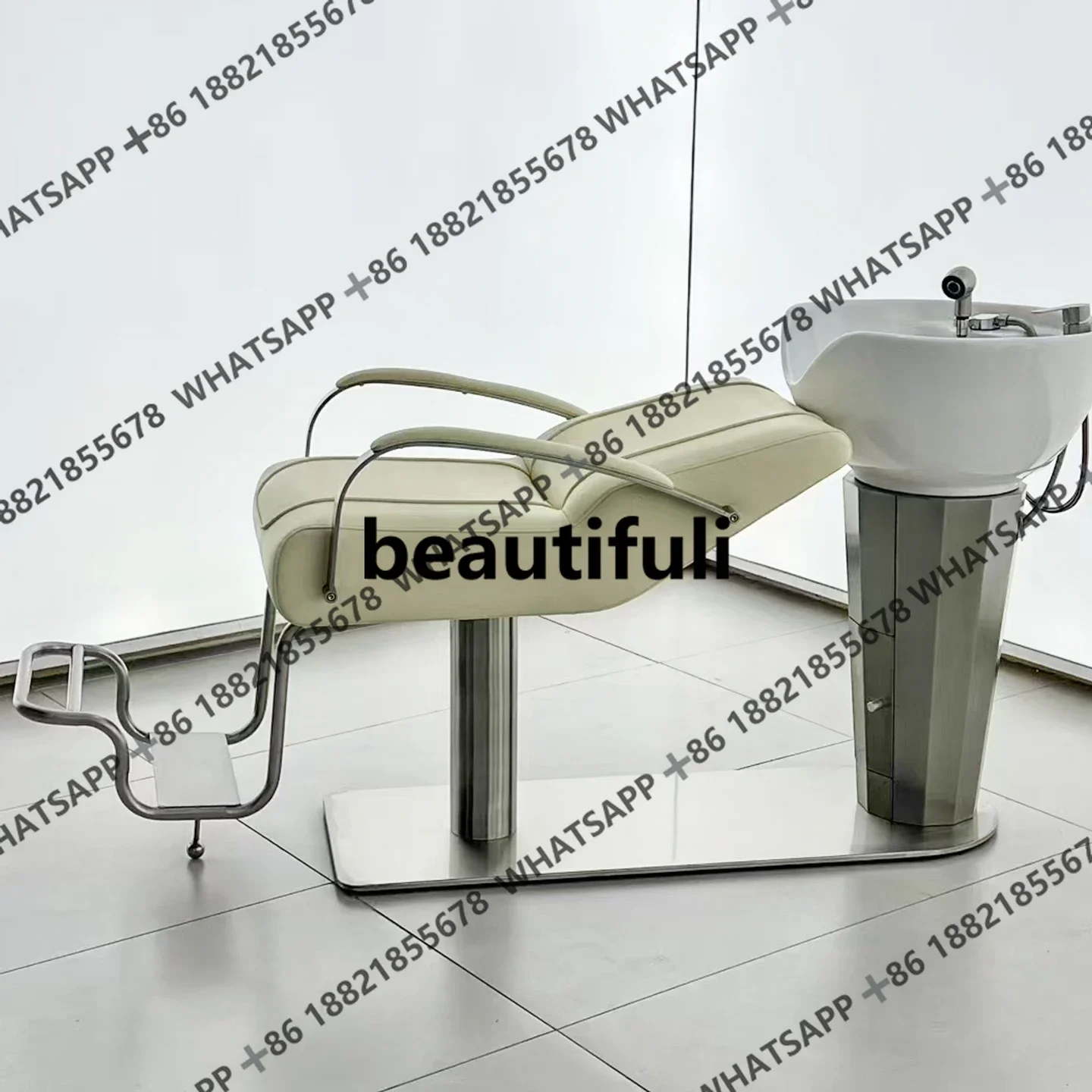 سرير شامبو، محل حلاقة جديد، سرير شامبو نصف مستلق، حوض سيراميك من الفولاذ المقاوم للصدأ، سرير شامبو فلوش