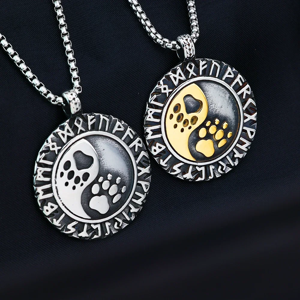 Nordic New Stainless Steel Viking Rune Yin Yang Bear Claw Vintage Round Pendant Necklace for Men and Women