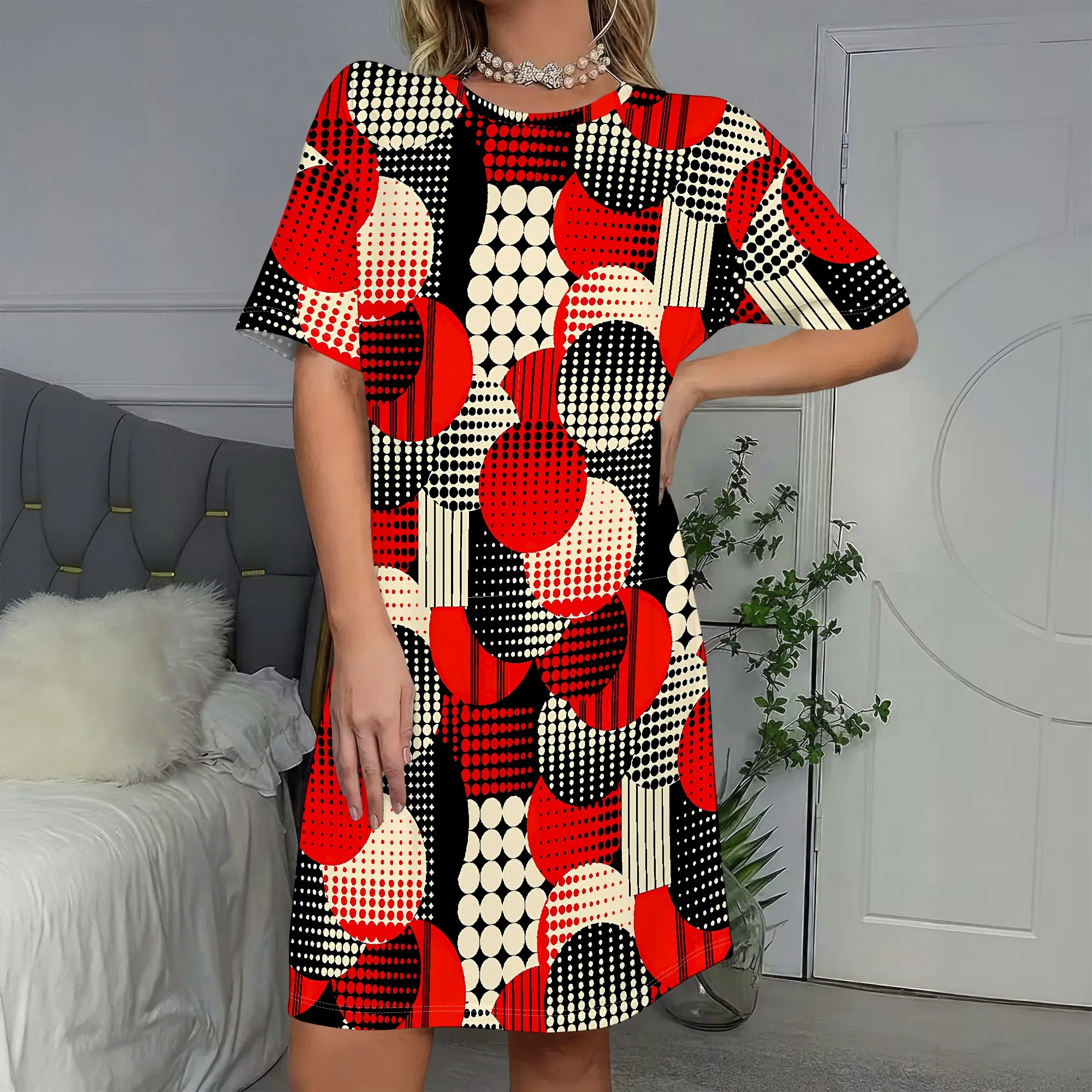 

Bold Print, Short Sleeve Dress, Red Black White Pattern, Geometric Circles Design, Casual Summer Wear for Women, S-2XL