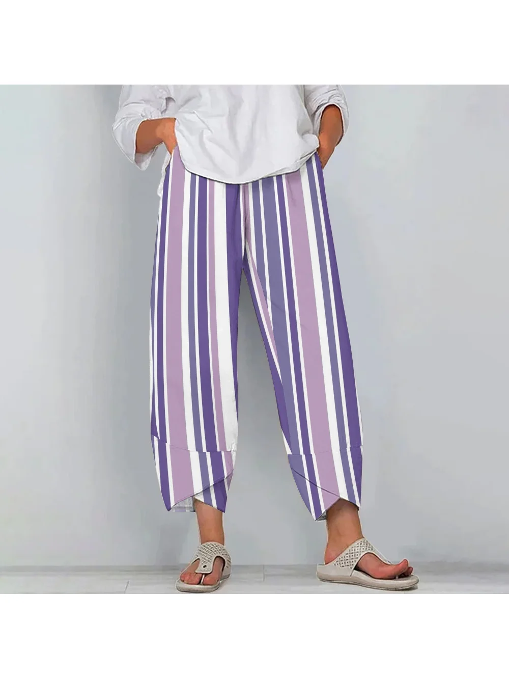 Women's Casual Straight-Leg Pants Purple Striped Graphic Print Beach Outfits High Quality Soft Fashion Versatile Bottoms Summer