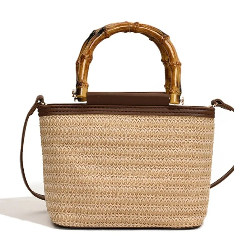 

Simple Design Small Straw Woven Beach Bags Women 2025 New Summer Bamboo Handle Crossbody Bucket Bags Chic Vacation Eco Tote Bag