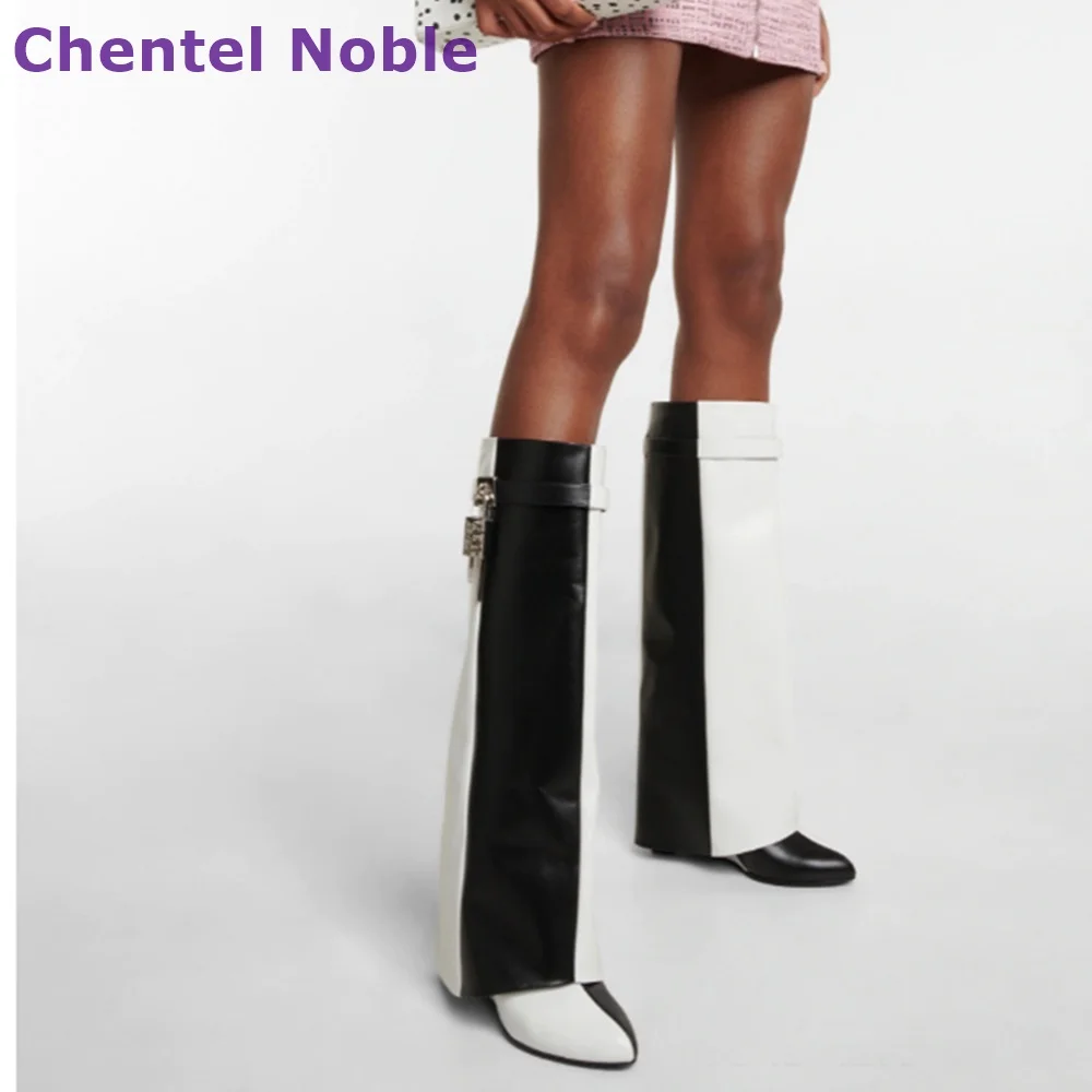 

Mixed Colors Knee High Boots Pointed Toe Wedge Heels Turned Over Edge Slip On Leather Boots New Arrival Fashion Sexy Women Shoes