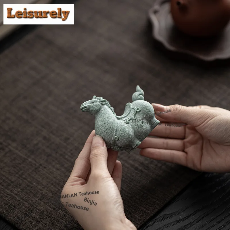 Green Sand Stone Zodiac Horse Tea Pet Ancient Flowerpot Landscaping Tea Figurine Play Toys Tea Statue Ornaments Can Be Raised