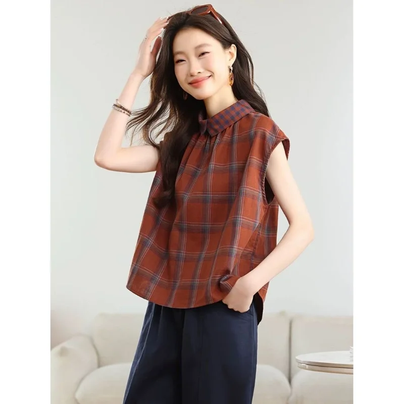 Summer New Style Exquisite All-match Short-sleeved Checkered T-shirt New Style Loose and Casual Elegant Fashion Sleeveless ToP