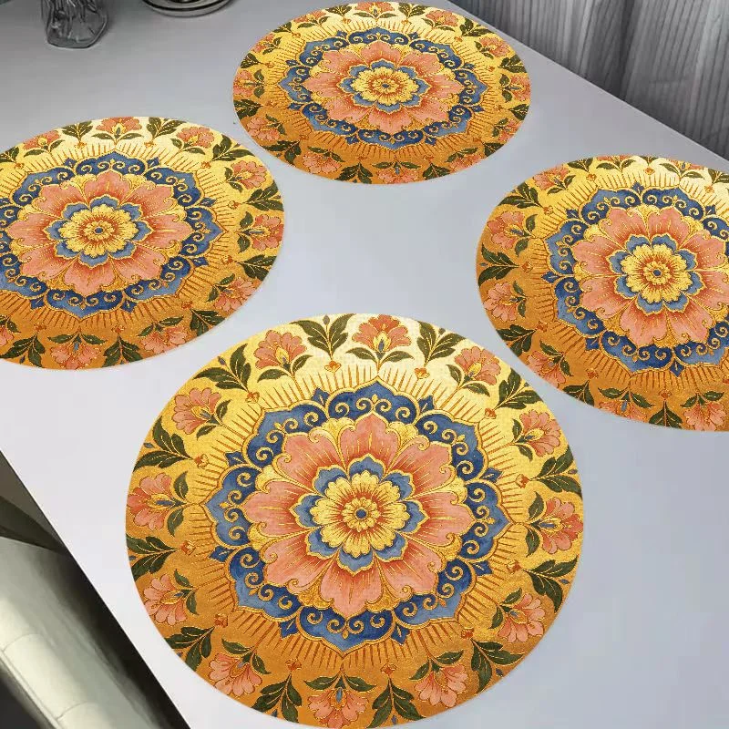 VIKAMA Retro Gilded Persian Mandala Flower Round Linen Table Mat Thermal Insulation Wear resistant Table Mat Desktop Decoration