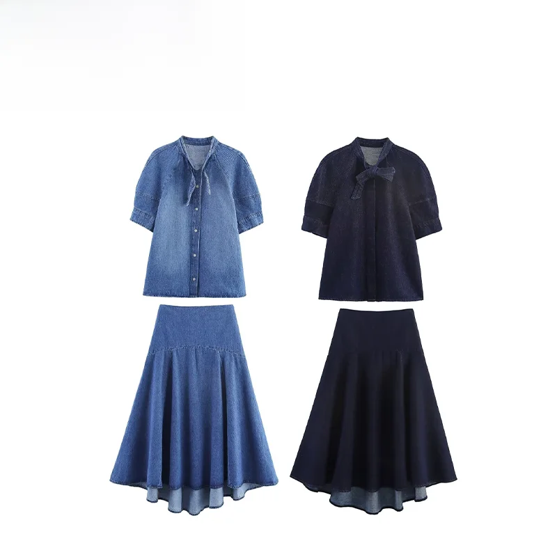 

Осенний новый женский комплект Sle Wind с галстуком-бабочкой, джинсовая юбка-миди, европейская женская одежда для взрослых