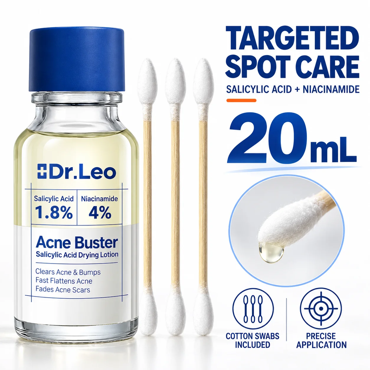 Dr Leo Acne Buster Drying Lotion 20ml Salicylic Acid 1.8% Niacinamide 4% Spot Blemish Pore Care Serum Cotton Swabs for Face