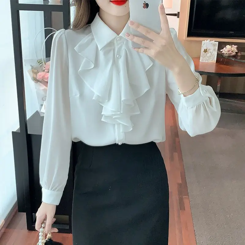 2023 Autumn and Winter Fashion New Commuter Women\'s Top Splice Button Ruffle POLO Collar Long Sleeve Solid Color Casual Shirt