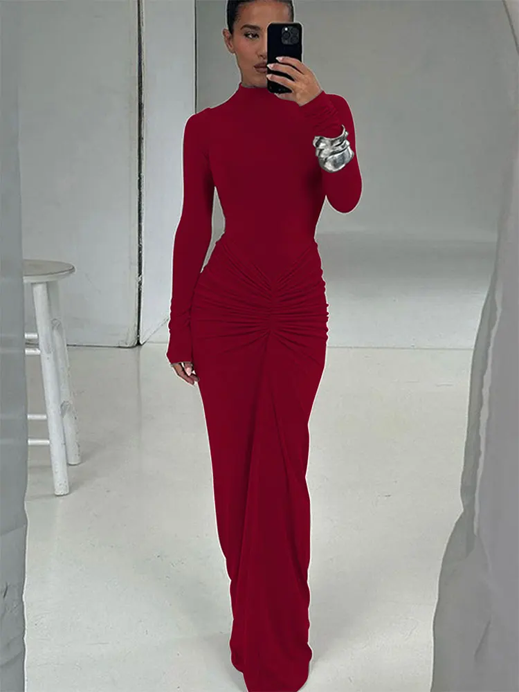 Seksowne czerwone sukienki damskie Jesień Nowa moda uliczna Fałdy O-Neck Długie rękawy Casual Slim Maxi Sukienka Elegancka damska sukienka z dzianiny — zdjęcie 3