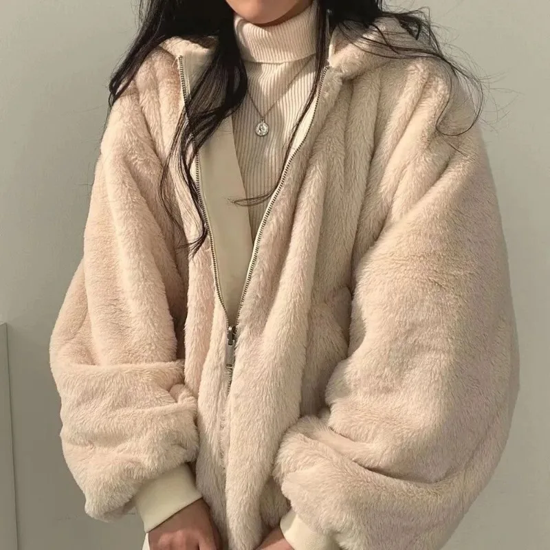Winter New Reversible Plush Cotton Jacket Women Korean Versatile Loose Hooded Fleece Thickened Jacket Women Cotton Clothes Women