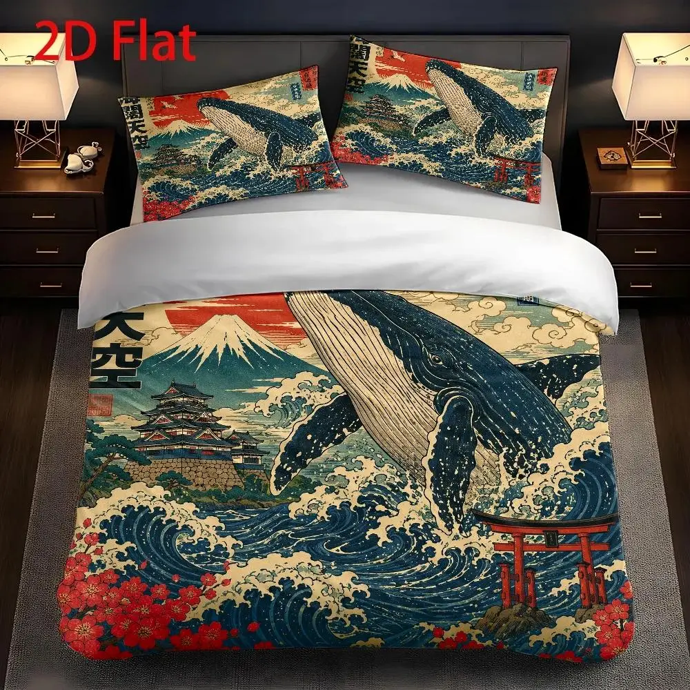 Soft Duvet Cover Set, 2D Flat Printed Duvet Cover Set, Bedding Set with Whale Leaping in the Waves Japanese Ukiyo-E Theme, Machine Washable, Invisible Zipper, Large Duvet Cover Set, Bedding Set, Quilt Cover