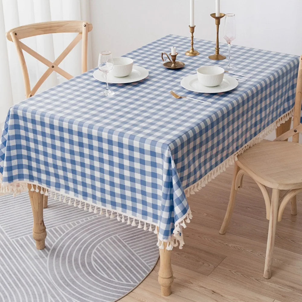 

Practical Linen Plaid Tablecloth Pastoral Style Antifouling Table Cover Rectangular with Tassel Desk Cover Dining Room