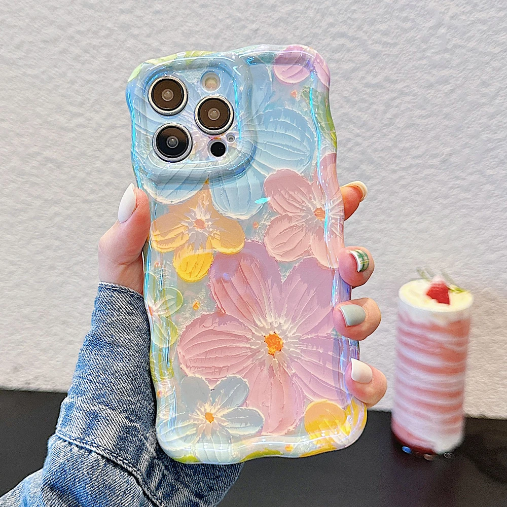 Flowers Phone Case For iphone 15 14 13 12 11 Pro Max Blue Light Wavy border Soft Silicone Protect Camera Lens Shockproof Cover