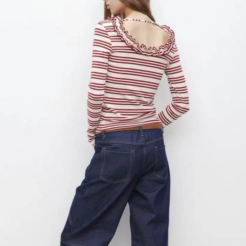 Beautiful French Style Western Age Reduction T-shirt Light Luxury Premium All-match Slim Tops Fungus Stripe Minority Top