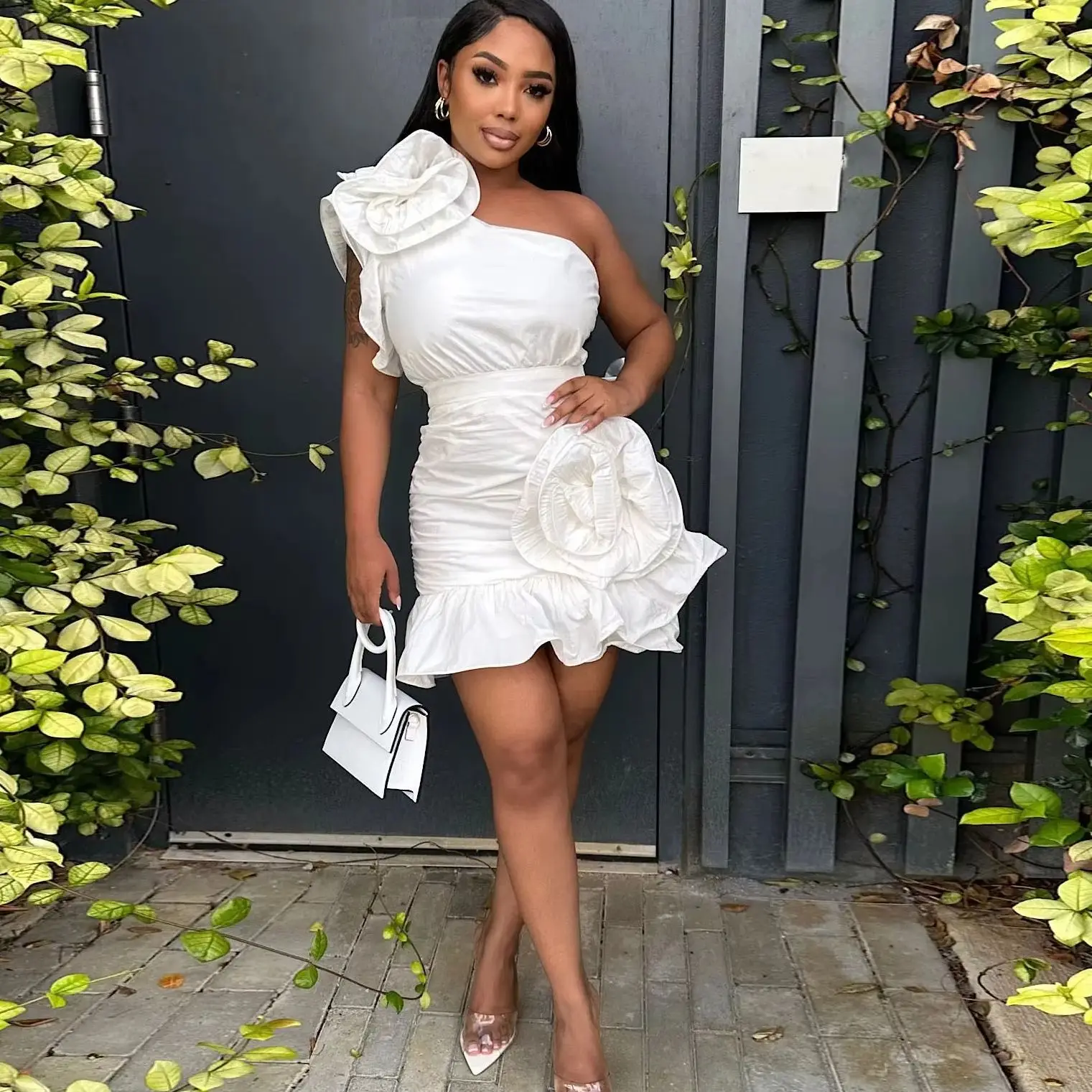 

Женское мини-макси-платье принцессы ярких цветов для праздничной вечеринки на одно плечо с цветочным принтом, короткое африканское коктейльное платье