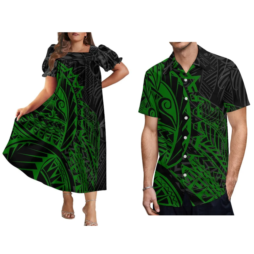 Alta qualidade mumu moda feminina vestido samoya fiji tonga maxi polinésia vestido tribal temperamento casal terno camisa masculina