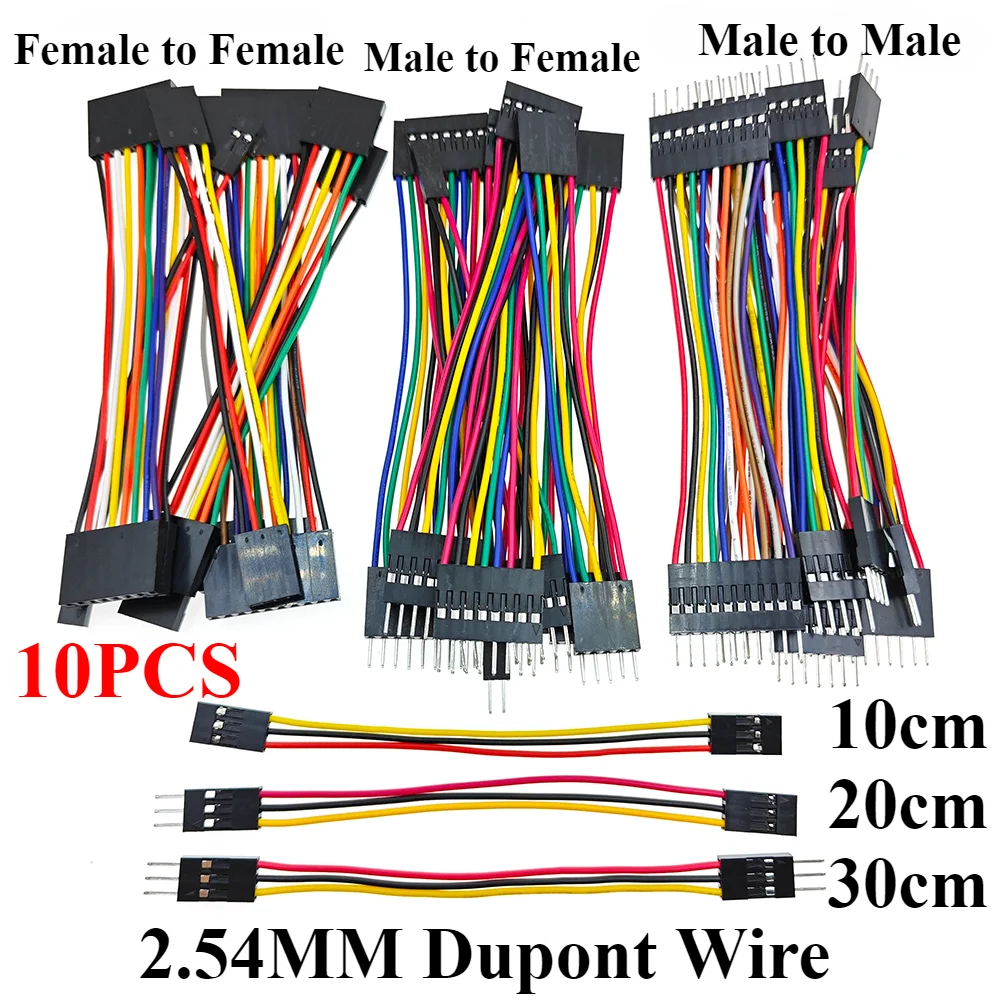 10PCS 2.54MM Pitch Dupont Line Female / Male 2P 3 4 5 6 7 8 9 10 Pin Dupont Cable Connector Jumper Cable Wire 10cm/20cm/30cm