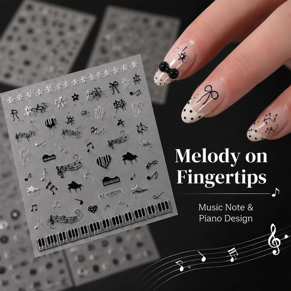 6Pcs Hot‑Stamped Hollow Flower Nail Stickers Black Silver Musical Note Piano Key Bow Motif 3D Decals For Women Manicure DIY