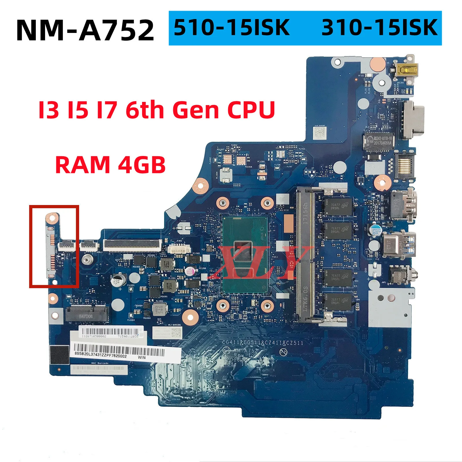 

FOR Lenovo IdeaPad 510-15ISK 310-15ISK Notebook motherboard NM-A752 I7-6500u RAM 4GB DDR4 100% test