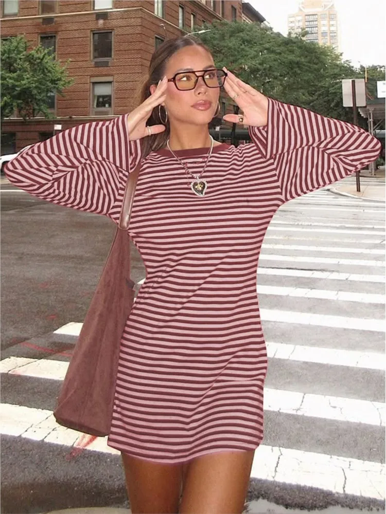 Jurken voor dames Ronde hals Gestreept vestidos Losse avondjurk met lange mouwen Contrast Comfortabel Casual Eenvoudige stijl Vakantie