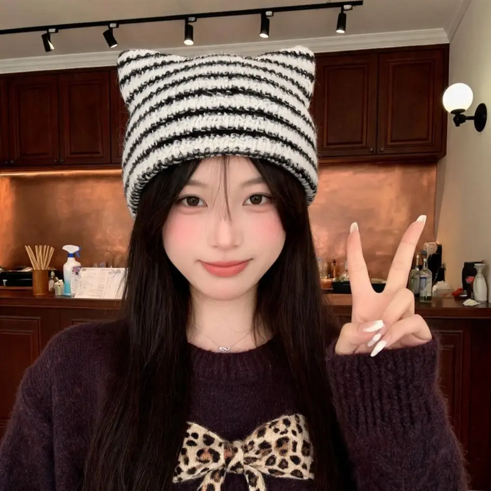 Cute Y2K Cat Ears Beanie Hats Cute Harajuku Little Devil Cap Gothic Sweet Cool Stripe Knitted Hat Winter Autumn