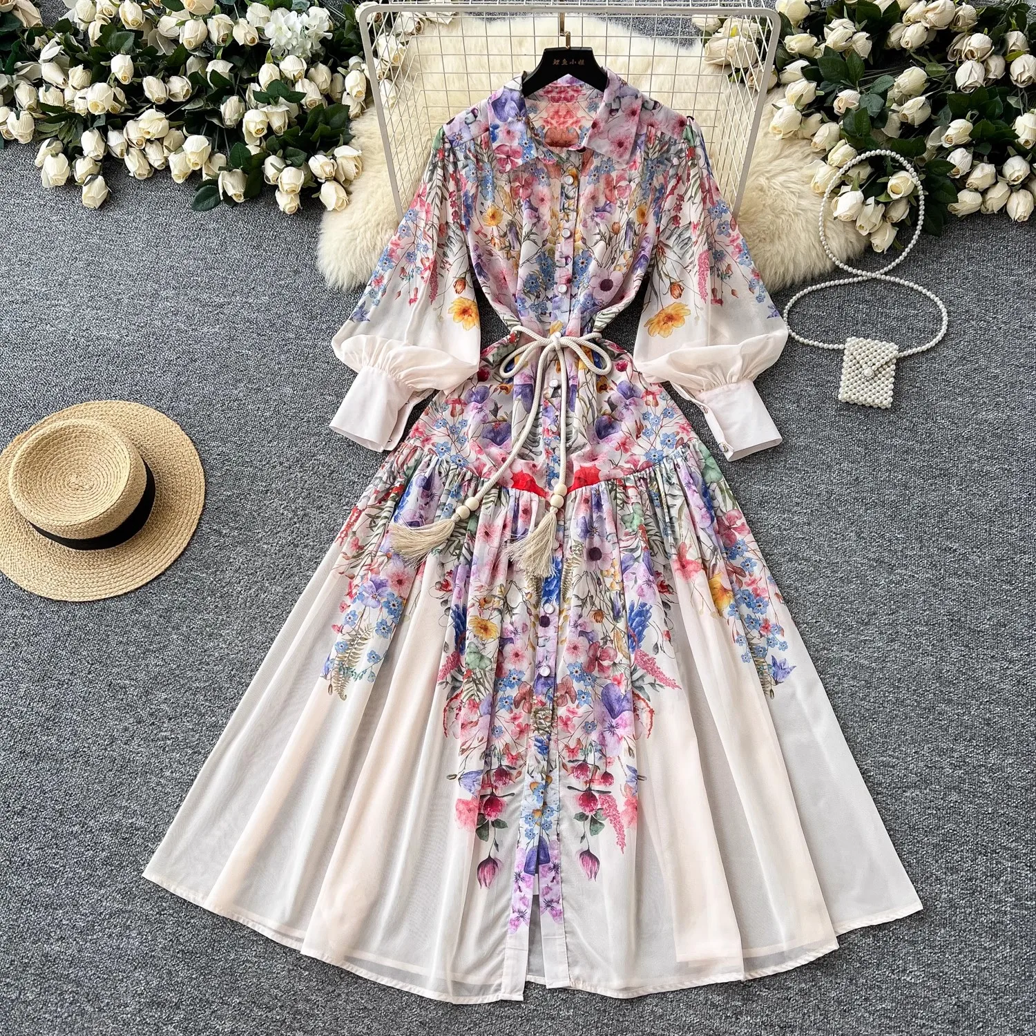 Vacanza estiva Splendido fiore Boho Robe Dress Risvolto da donna Manica lunga a lanterna Cintura Lace Up Beach Party Abiti Maxi vestiti