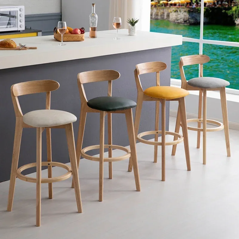 

Nordic Solid Wood Household Backrest Bar Chair Modern Simple High Stools Kitchen Fashionable Milk Tea Shop Front Desk Bar Stools