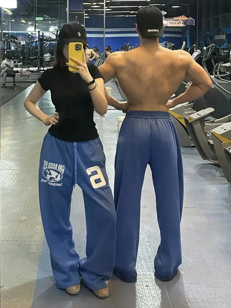 American Embroidery Blue Curved Knife Sweatpants Men's Autumn Winter Fitness Sports Handsome Casual Wide Leg Long Pants