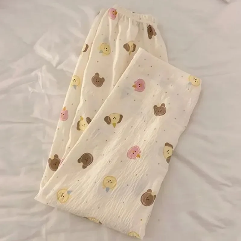 Pajama Pants Women Summer White Cartoon Kitten Trousers Thin Student Home Pants Rainbow Stripes High Waist Straight Leg Loose 3