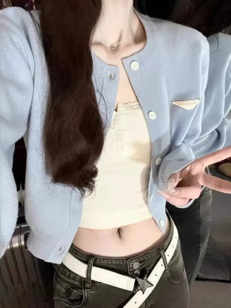 

Темно-синий вязаный кардиган-пальто для женщин, новинка ранней осени 2025 года, высококачественная повседневная верхняя одежда, открытый кардиган, укороченный топ